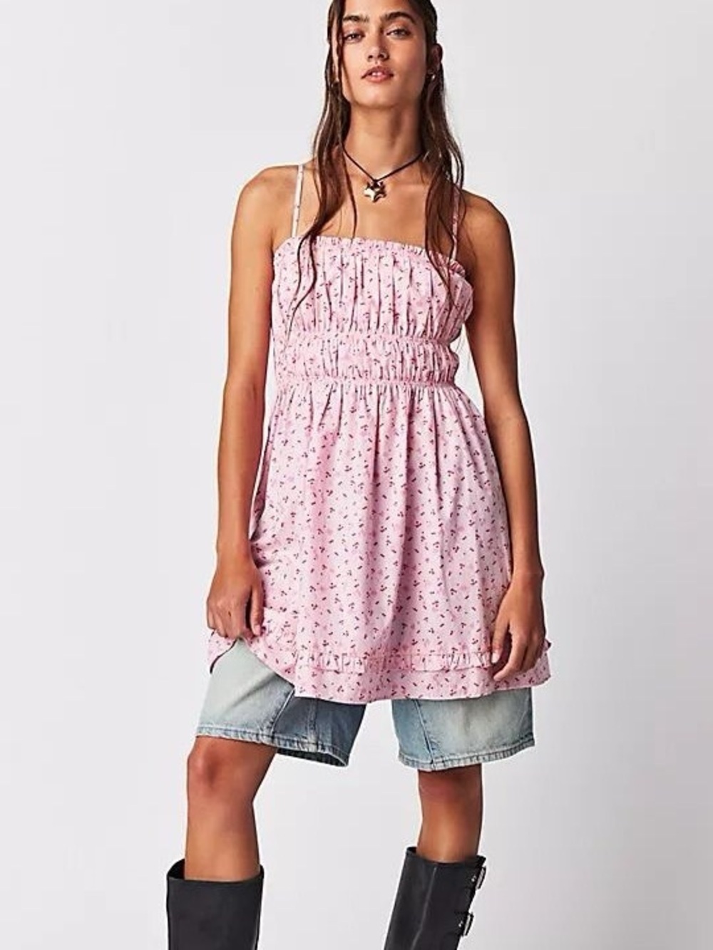 NEW FREE PEOPLE GABBY Size S PINK BABYDOLL MINI COTTON DRESS